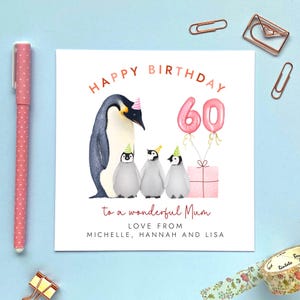 Personalisierte Pinguin drei Kinder 60. Geburtstagskarte für Mama | Mama, Mama, Mummy, Mommy, Mam, Oma, Oma | 30er 40er 50er 70er Jedes Alter