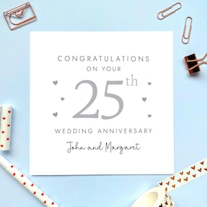 Carte 25e anniversaire de mariage pour couple, personnalisé, amis, fils, fille, soeur, beau-frère, parents, grands-parents, enveloppe argentée