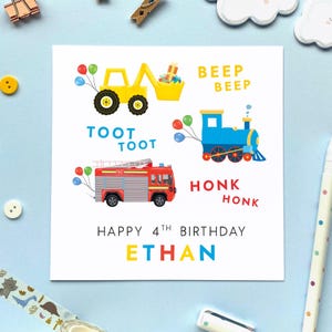 Personalised 4th Birthday Card for Boy | For Son, Grandson, Brother, Nephew, Kids, Baby, Children | Digger, Train, Fire Engine, Cars, Fourth