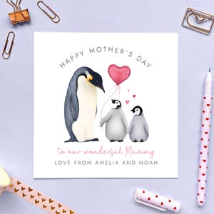 Personalisierte Pinguin Muttertagskarte für Mama | Mommy, Mum, Mom, Mam, Mama, Oma, Oma, Gran, Nan, Nana, von 2 Kindern, von 3 Kids