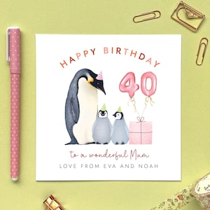 Personalised Penguin Two Children 40th Birthday Card for Mum | Mom, Mama, Mummy, Mommy, Mam, Grandma, Granny | 30th 50th 60th 70th Any Age