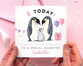 Personalised Penguins 2nd Birthday Card for Daughter | Granddaughter, Niece, Goddaughter, Cousin