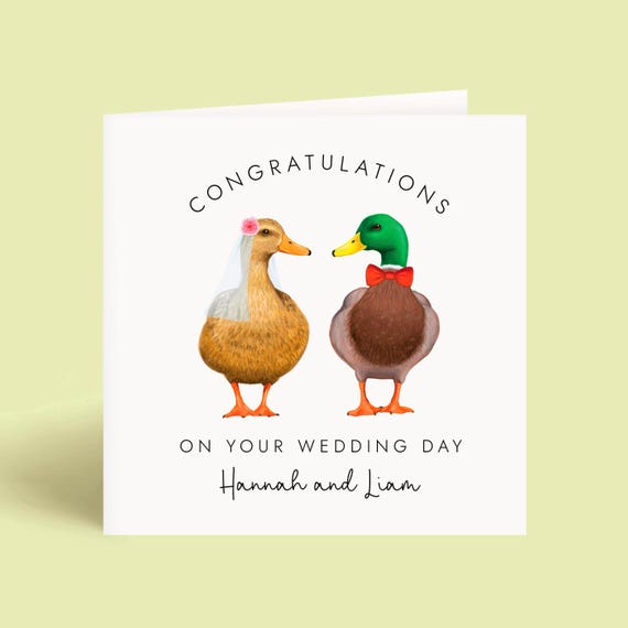Personalised Ducks Wedding Card | Mr and Mrs Card | Wedding Day Card | Newlyweds Bride and Groom | Congratulations Just Married Card, Names