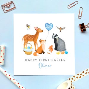 Personalisierte erste Osterkarte für Jungen, Neffe, Sohn, Patensohn, Bruder, Cousin, Urenkel, Baby, Enkelkind, Babys 1., Waldtiere