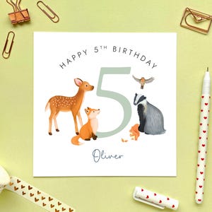 Carte personnalisée pour 5e anniversaire pour garçon, fils, petit-fils, neveu, frère, filleul, cinquième, cinq, 5 aujourd'hui, forêt, animaux de la forêt, nom personnalisé