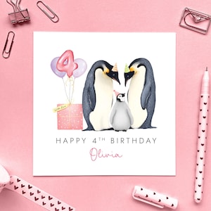 Carte personnalisée de 4e anniversaire de pingouin pour fille, carte de quatrième anniversaire personnalisée pour fille, petite-fille, nièce, filleule, enfant, 4 aujourd'hui
