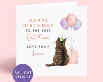 Personalised Cat Birthday Card for Cat Mum, From the Cat Birthday Card - Any Age, Custom Name - Girl, Daughter, Granddaughter - 65+ Designs
