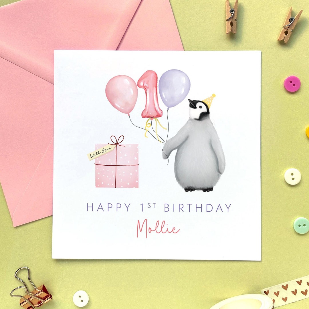 Personalised Penguin Birthday Card for Girl, Cute Custom Card for ...