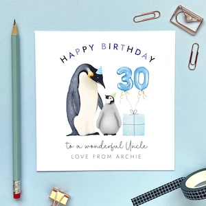 Carte d'anniversaire pingouin pour oncle, enfant, nièce, neveu, lui, 30 ans, 30 ans aujourd'hui, nom personnalisé, tout âge, 21 30 40 40 50 60