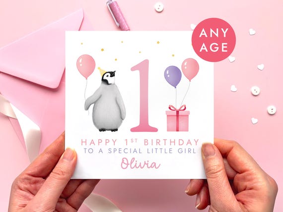 Personalised Penguin Birthday Card for Her | Girl, Daughter, Granddaughter, Niece, Goddaughter | Any Age