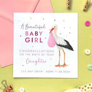 Personalisierte Storch neue Baby Mädchen Karte | Tochter, Enkelin, Nichte, Glückwünsche, rosa, neue Eltern, Großeltern, Freunde, Paar