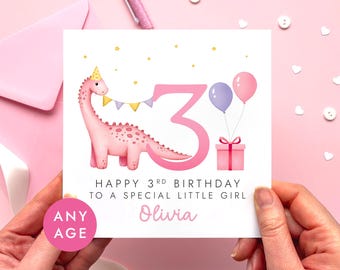 Personalised Dinosaur Birthday Card for Girl | for Daughter, Niece, Granddaughter, Sister, Goddaughter, Child, Baby | 1st, 2nd, 3rd, Any Age
