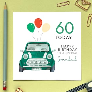 Carte d'anniversaire personnalisée verte pour tous les âges avec voiture classique | Pour lui, grand-père, grand-père, père, mari, partenaire, oncle | 50e 60e 70e 80e 90e