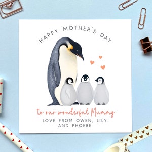Personalised Penguin Three Babies Mother's Day Card For a special Mummy, Mommy, Mama Mum, Mom, Mam, Grandma Triplets, 3 Children, Kids image 1
