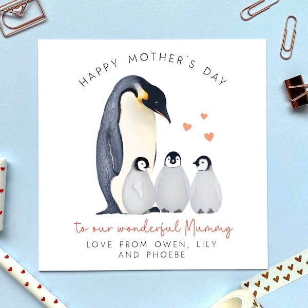 Personalised Penguin Three Babies Mother's Day Card | For a special Mummy, Mommy, Mama | Mum, Mom, Mam, Grandma | Triplets, 3 Children, Kids