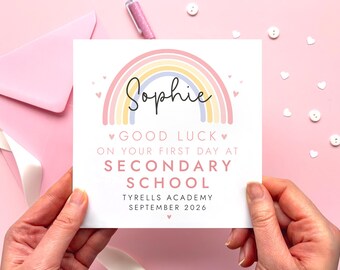 Personalised First Day at Secondary School Card for Girl, Rainbow Design | Daughter, Granddaughter, Niece