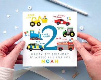 Personalised 2nd Birthday Card for Boy, Vehicles Theme | Son, Grandson, Nephew, Brother, Godson