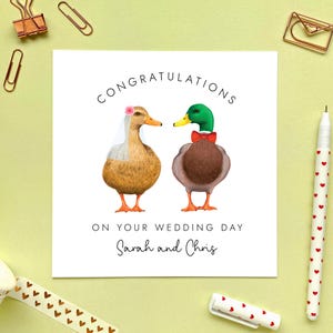 Enten Hochzeitstag Karte, Glückwünsche, Mr und Mrs, Just Married, personalisierte Namen, Custom, für spezielle Paare, Freunde, Tochter, Sohn