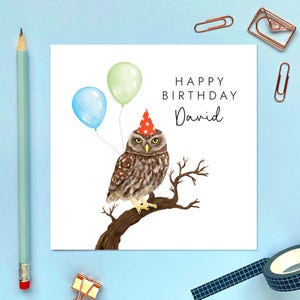Carte d'anniversaire petit hibou pour lui, fils, petit-fils, mari, neveu, petit ami, oncle, grand-père, grand-père, ornithologue amateur, Twitcher, personnalisée