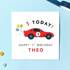 Carte d'anniversaire de voiture de course pour garçon, carte d'anniversaire rouge personnalisée pour fils, petit-fils, neveu, cousin, filleul, premier anniversaire d'enfant, 1 aujourd'hui
