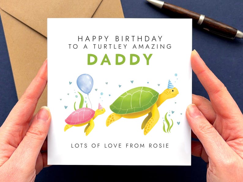 Personalised Turtles Birthday Card for Daddy | Dad, Dada, Papa, Pops, Grandad, Grandpa | Bday Card for Dad from Children 1 Child Pink