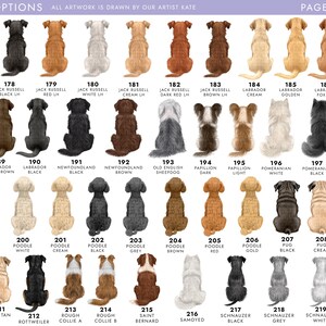 May include: A collection of dog illustrations, each depicting a different breed and color variation. Breeds include Jack Russell, Labrador, Poodle, Pug, and more. The text at the top reads "DOG OPTIONS" and "ALL ARTWORK IS DRAWN BY OUR ARTIST KATE".
