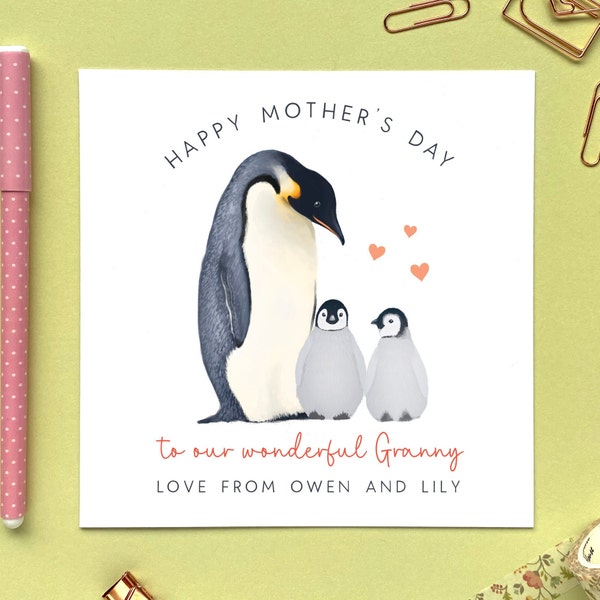 Personalised Penguin Two Babies Mother's Day Card | For a special Granny, Grandma, Gran, Nanny, Nana, Nan, Grandmother | Two Grandchildren