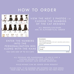 May include: A guide on how to order a custom cat design. The image shows various cat illustrations with numbers, instructions to choose designs, and a personalization box. The text says, "Enter the numbers into the personalization box along with the name."