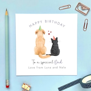 Personalisierte Geburtstagskarte für Papa von Hund und Katze, wählen Sie die Haustiere, Ehemann, Freund, ihn, Partner, Kätzchen und Welpen, individuell, Namen