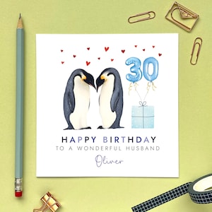 Carte personnalisée 30e anniversaire de couple pingouin pour mari, lui, homme, hommes, fiancé, petit ami, partenaire, 40e, 50e, 60e, 70e, 80e tout âge