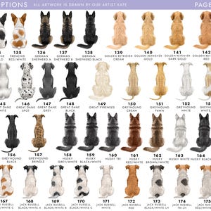 May include: A page of dog breed illustrations, each from a rear view. Breeds include French Bulldogs, German Shepherds, Golden Retrievers, Great Danes, Greyhounds, and Huskies. Each dog is labeled with a number and breed.