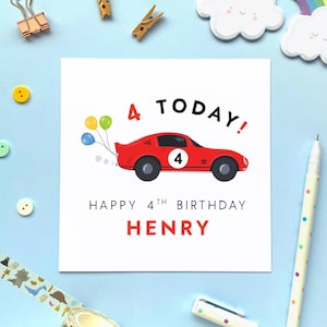 Carte personnalisée pour 4e anniversaire de voiture de course pour garçon, quatrième carte personnalisée pour fils, petit-fils, frère, neveu, enfants, bébé, cousin, voitures, course