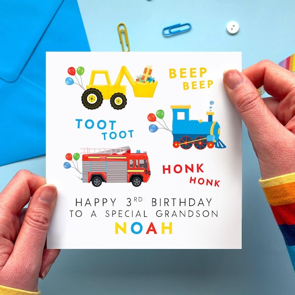 Personalised 3rd Birthday Card for Boy | Son, Grandson, Brother, Nephew, Kids, Children | Digger, Train, Fire Engine, Vehicles, Cars, Third