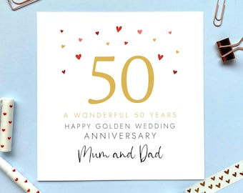Carte personnalisée d'anniversaire de mariage en or pour les parents | 50e anniversaire de mariage, 50 ans de mariage, papa et maman, amis, grands-parents, enveloppe dorée