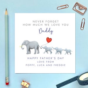Personalisierte Elefanten Vatertagskarte für Daddy, Papa, Dada, Opa, Opa, Grampy, Gramps, Pops, Granda, Papa, von 3 Kindern, 2 Kindern