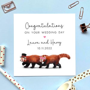carte de mariage personnalisée panda roux | M. et Mme, félicitations, amis spéciaux, couple, fils, fille, juste mariés, jour du mariage
