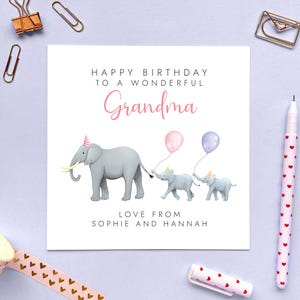 Personalisierte Elefant-Geburtstagskarte für Oma von 2 Kindern | Oma, Gran, Nanny, Nana, Nan, Urgroßmutter, Mutter 50er 60er 70er 80er Jahre