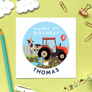 Carte personnalisée de 3e anniversaire de ferme pour garçon, fils, petit-fils, neveu, cousin, filleul, vache tracteur de basse-cour, carte de troisième anniversaire personnalisée pour lui