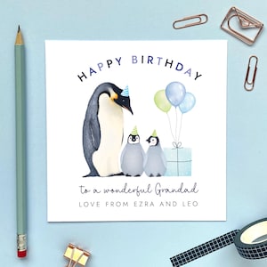 d'anniversaire personnalisée Pingouin pour grand-père à partir de 2 enfants | Papy, papa, arrière-grand-père, papa, pops, grand-père | 60e 70e 80e 90e