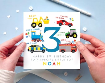 Personalised 3rd Birthday Card for Boy, Vehicles Theme | Son, Grandson, Nephew, Brother, Godson