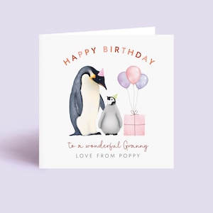 Personalisierte Pinguine Geburtstagskarte für Oma, von einem Kind, zwei Kindern oder drei Kindern, Oma, Oma, Nanny, Nana, Nan, mit benutzerdefinierten Namen