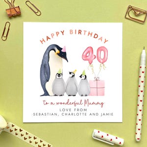 Personalisierte Pinguin drei Kinder 40. Geburtstagskarte für Mama | Mama, Mama, Mum, Mommy, Mam, Oma, Oma | 30er 50er 60er 70er Jahre