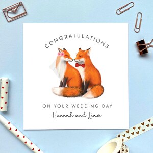 フォックスウェディングデーカード、お祝い、夫婦、新婚、パーソナライズされた名前、カスタム、特別なカップル、友人、娘、息子向け