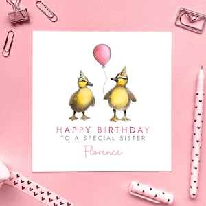Personalisierte Enten-Geburtstagskarte für Schwester, benutzerdefinierte Bday-Karte für kleine oder große Sis, niedliche Entlein, jedes Alter 1.2.3.4.5.10.13