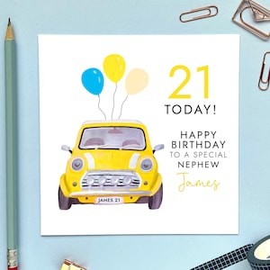 パーソナライズされた黄色のクラシックカーのあらゆる年齢の誕生日カード | 彼、息子、孫、お父さん、甥、ボーイフレンド、男性向け | 16歳、18歳、21歳、30歳、40歳、50歳