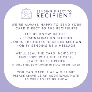 May include: A light purple graphic with text that reads "SENDING DIRECT TO RECIPIENT." The text explains how cards are sent directly to recipients, including instructions for personalization and gift options.