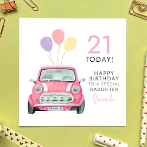Carte d'anniversaire personnalisée rose pour tous les âges avec voiture classique | Pour elle, fille, fille, petite-fille, nièce, tante | 16 18 21 30 40