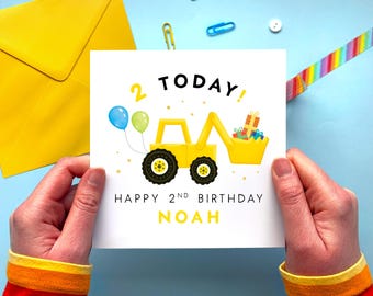 Personalised Digger 2nd Birthday Card for Boy | Son, Grandson, Nephew, Cousin, Godson, Brother