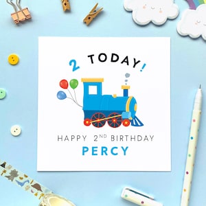 Carte personnalisée de 2e anniversaire de train pour garçon, 2 cartes personnalisées aujourd'hui pour petit-fils, fils, neveu, frère, filleul, enfants, moteur de transport bleu