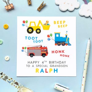d'anniversaire personnalisée pour garçon | Fils, petit-fils, frère, neveu, enfants, enfants, cousin | Digger, Train, Pompier, Voitures, Quatrième